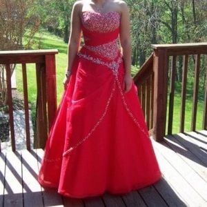 Red sequined corset prom dress